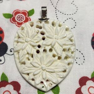 Bali Goddess Carved Bone Heart Floral Sterling Silver Pendant